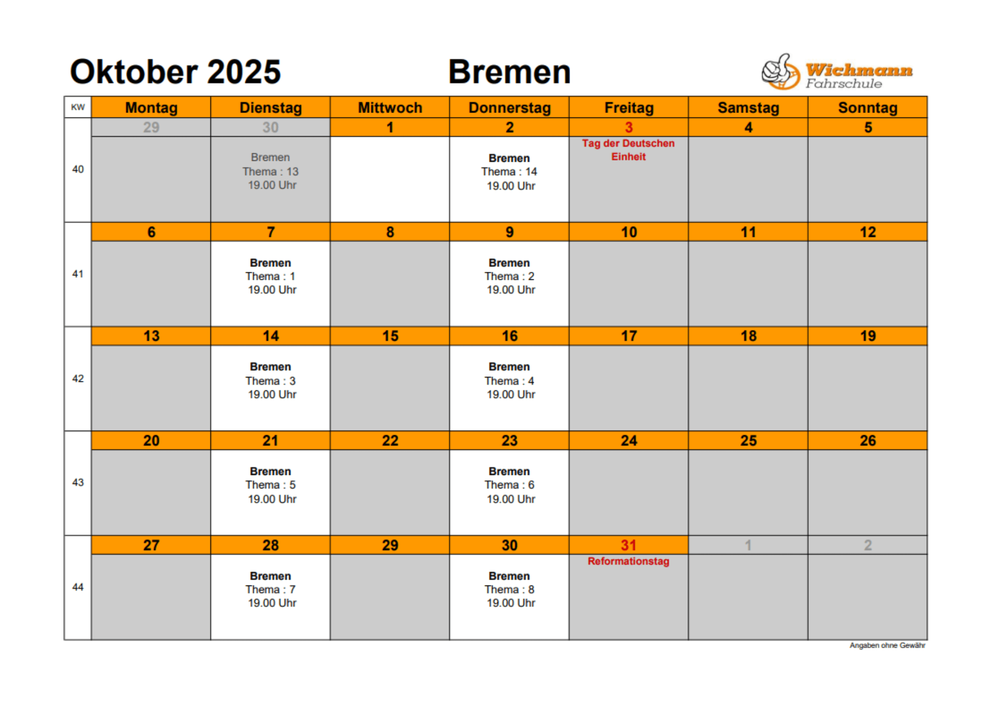 NEU Theorieplan Fahrschule Oktober 2025 Bremen