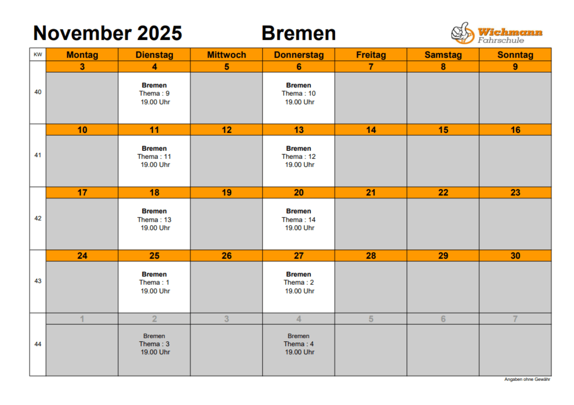 NEU Theorieplan Fahrschule November 2025 Bremen 1