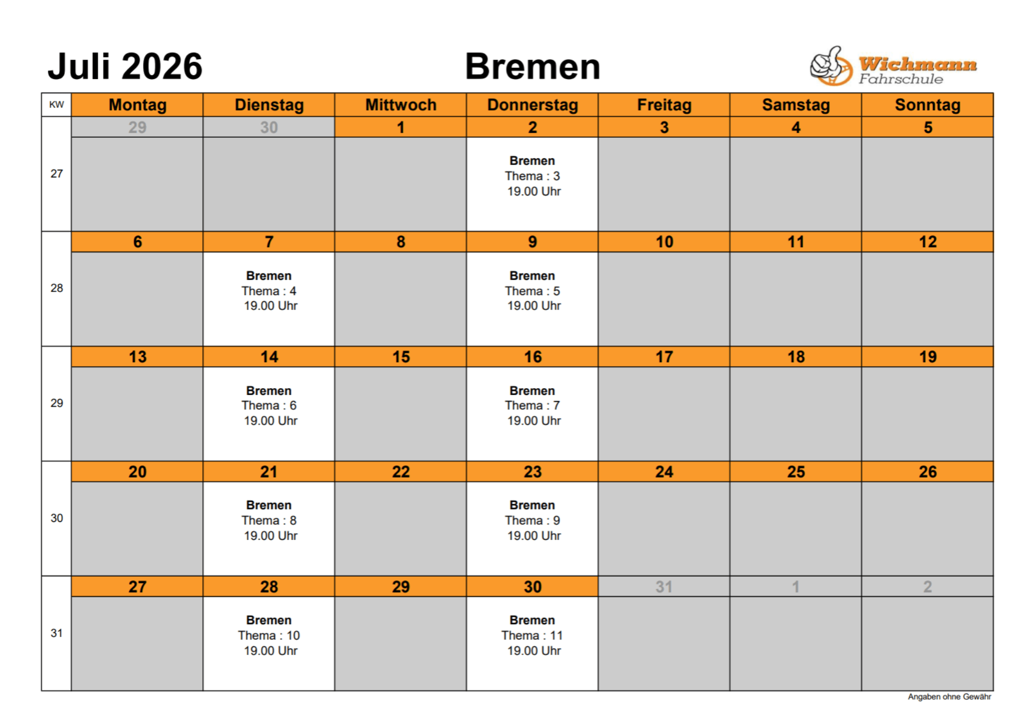 July 2026 Bremen driving school schedule showing daily topics in a week grid with 19:00 sessions
