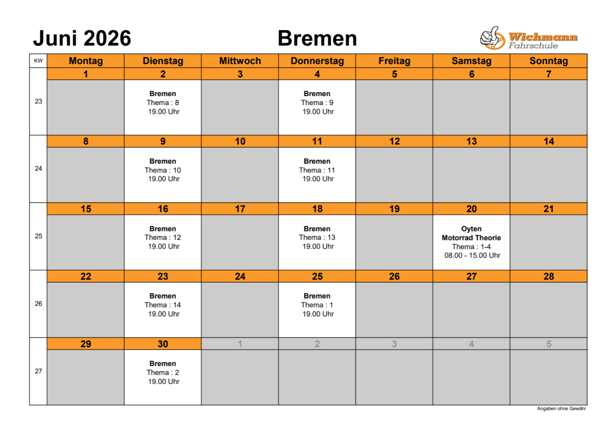 Juni 2026 Wochenkalender mit orangefarbenem Wochenheader und Bremen-Thementerminen, meist um 19:00 Uhr.