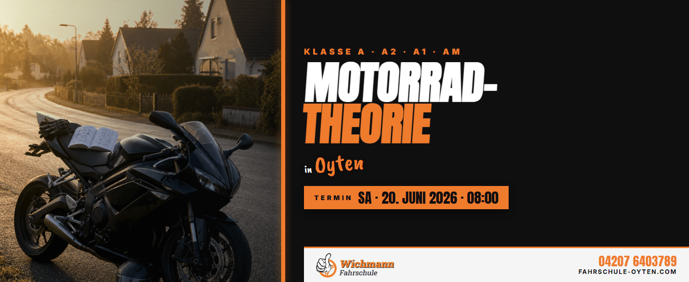 header-1360x558 Motorcycle on a sunlit street with an open notebook on the seat; bold black and orange Motorrad-Theorie course banner on the right side of the image.