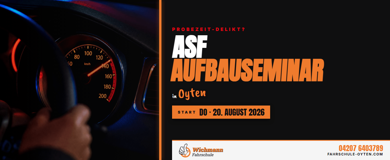 header-1360x558 Promotional poster for an ASF Aufbauseminar in Oyten; left shows a steering wheel and speedometer, right has bold orange event text on black background.