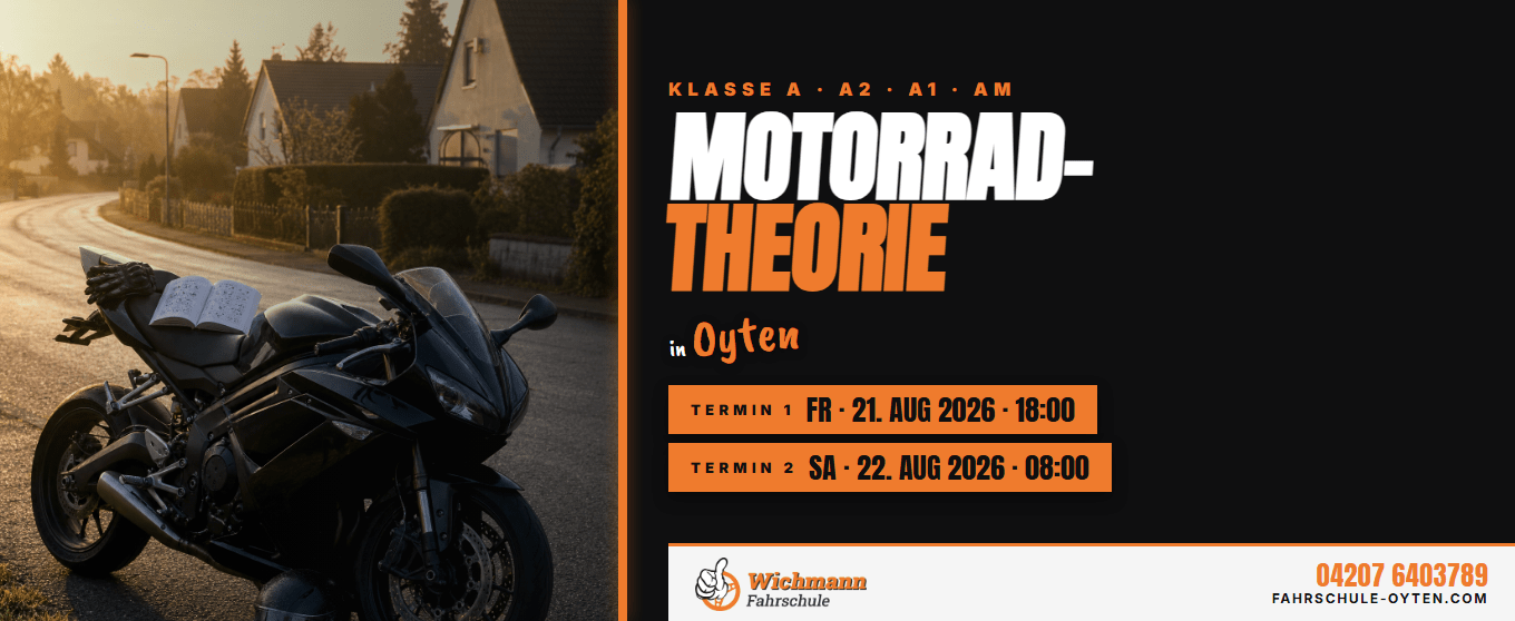 header-1360x558 Advertisement for Motorrad-Theorie in Oyten with bold orange/white text and two term dates, shown beside a motorcycle on the left on a sunset street.