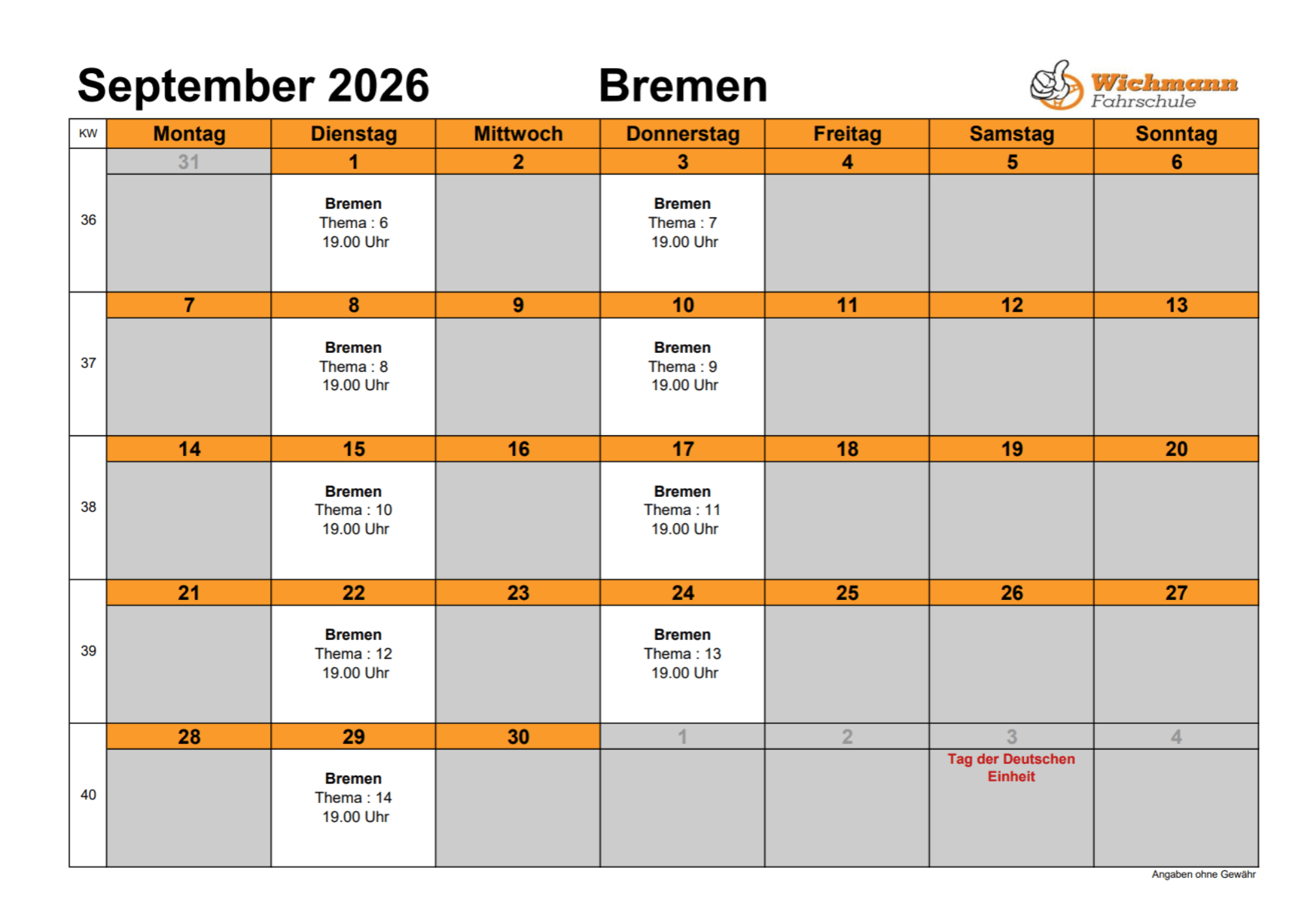 September 2026 timetable for Bremen Fahrschule showing daily slots and 'Thema: ... 19.00 Uhr' entries.
