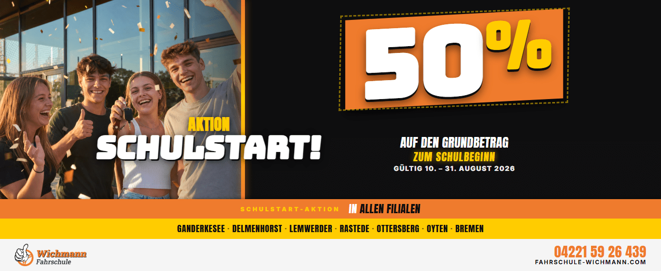 header-1360x558 Gruppe junger Menschen feiert jubelnd vor einem Werbebanner zur Schulstart-Aktion mit 50%-Rabatt, Konfetti fliegt.